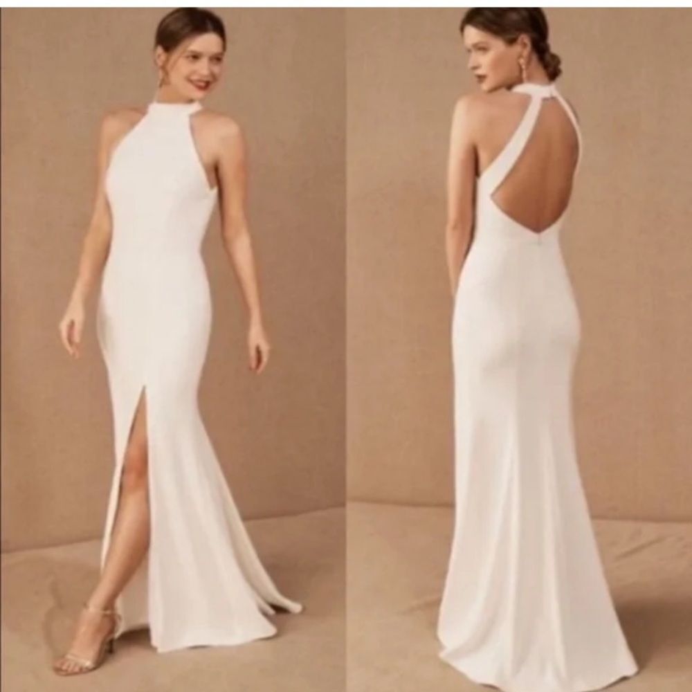 BHLD High Neckline Juliana Stretch Crepe Maxi Dress, side slit silhouette size 4